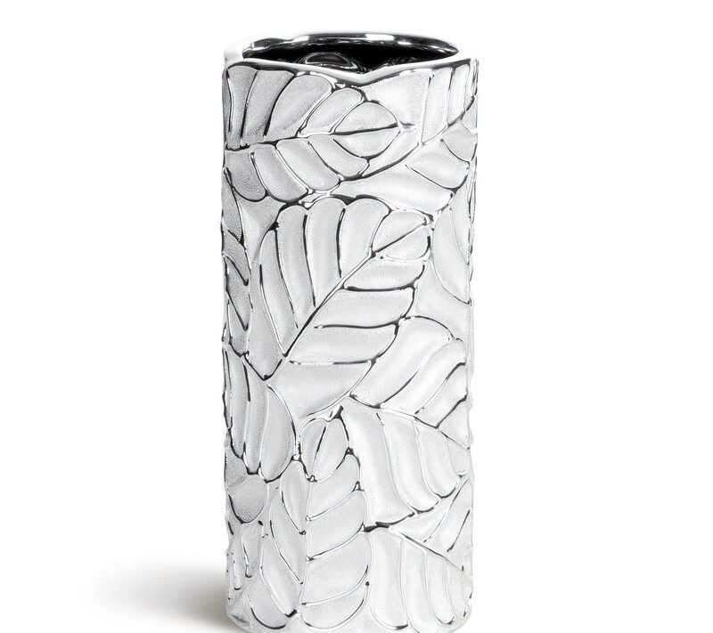 Wazon ceramiczny Miriam (02) srebrny 11 X 11 X 25 CM – z fakturą liści