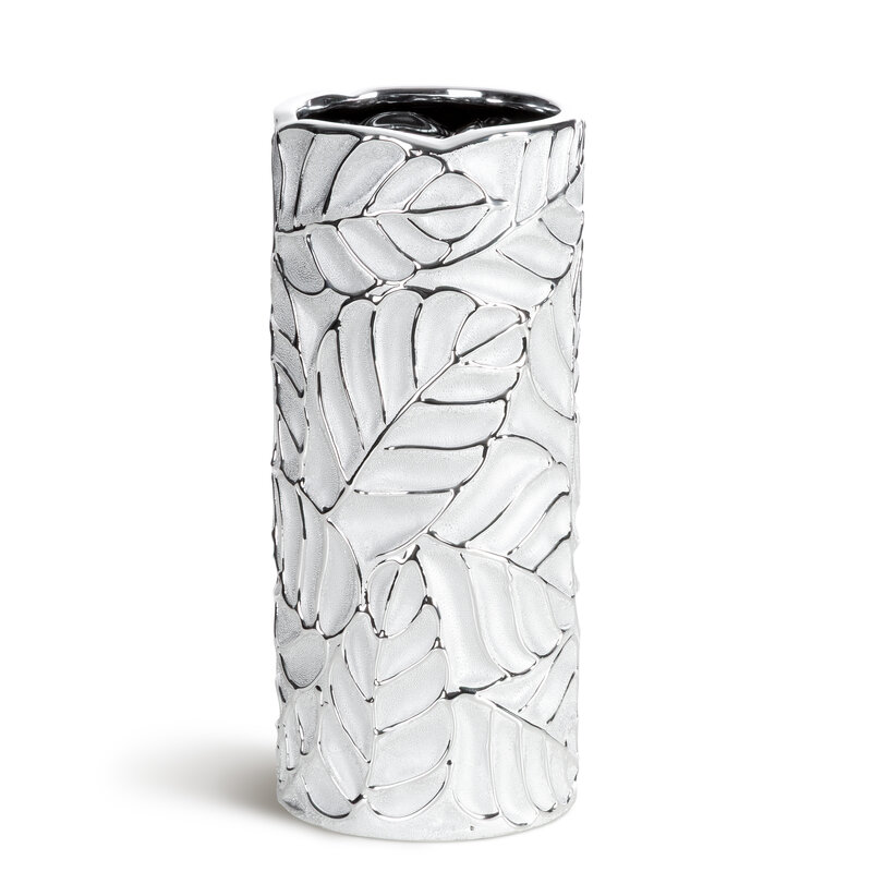 Wazon ceramiczny Miriam (02) srebrny 11 X 11 X 25 CM – z fakturą liści