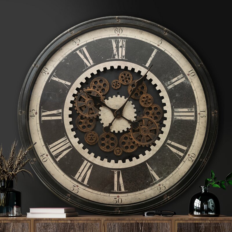 Zegar ścienny industrialny czarny O 76 x 8 cm – stylowy dodatek do wnętrz