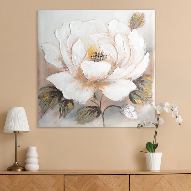 Obraz ręcznie malowany Kwiat biały 60 X 60 CM – dla harmonijnego wnętrza