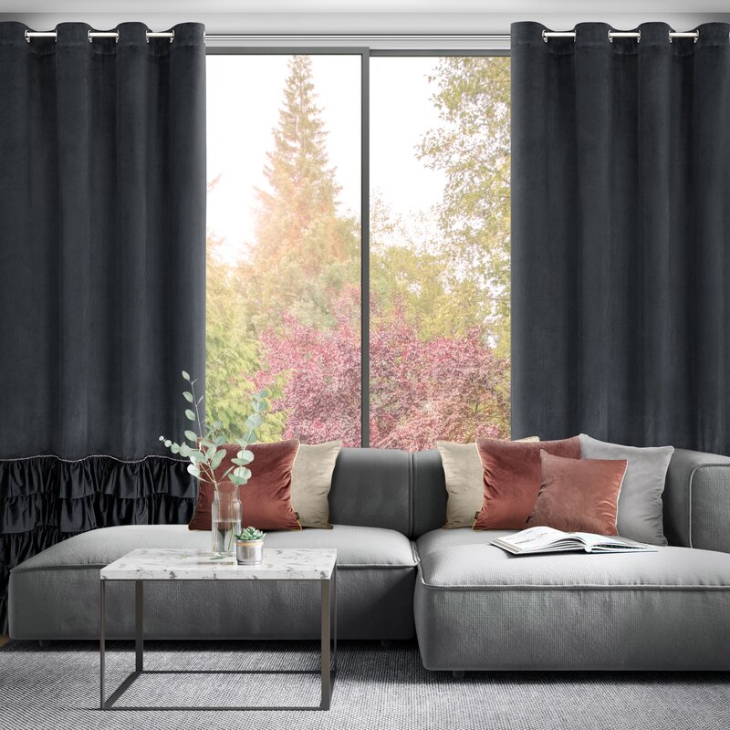 Zasłona gotowa z falbanami czarna 140 x 250 cm – zaciemnia pomieszczenie