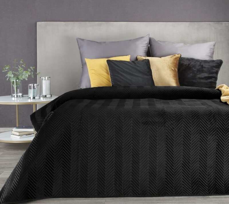 Narzuta velvet w jodełkę czarna 230 x 260 cm – nada sypialni stylu
