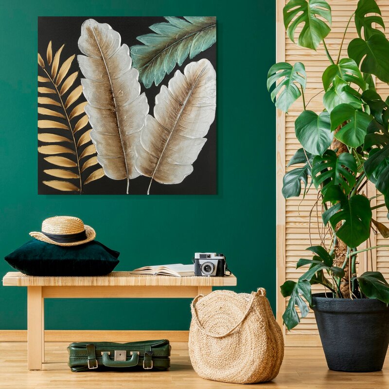 Obraz ręcznie malowany z motywem liści czarny 60 X 60 cm – doda harmonii wnętrzu