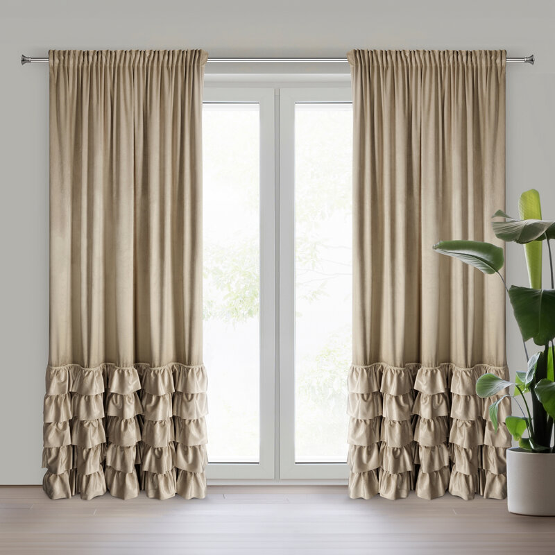Zasłona gotowa Carli ciemnobeżowa 140 X 250 cm – z welwetowymi falbanami
