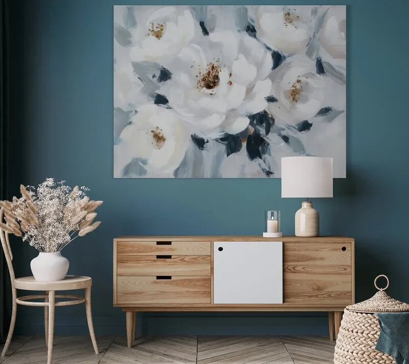 Obraz ręcznie malowany kwiaty biały 80 X 60 cm – wprowadza harmonię