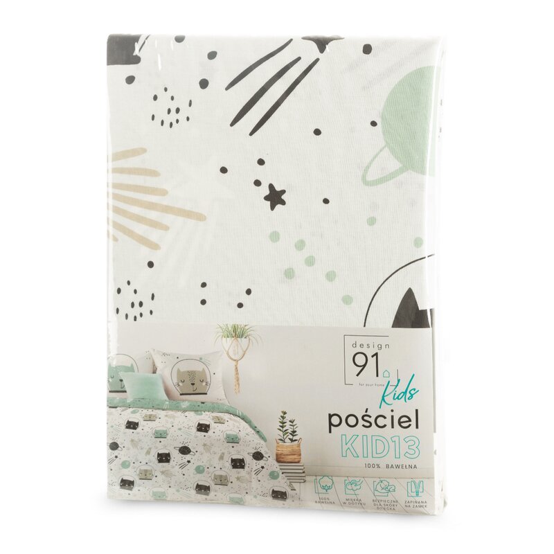 Pościel bawełniana D91 KID 13 biała 160 X 200 CM – z kosmicznymi kotkami