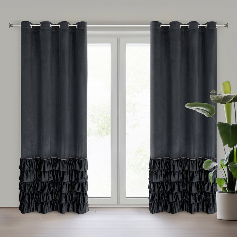 Zasłona gotowa z falbanami czarna 140 x 250 cm – zaciemnia pomieszczenie