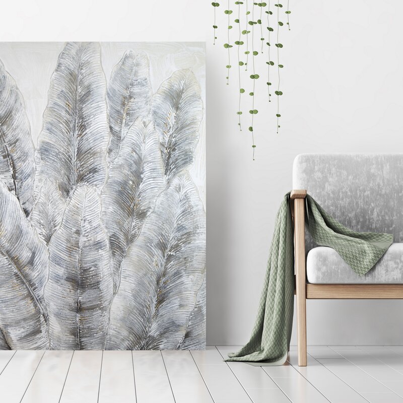 Obraz ręcznie malowany Liście szary 90 X 120 cm – wprowadza spokój i harmonię