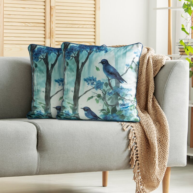 Poszewka welwetowa 202 niebieska 45 X 45 CM – z motywem ptaków