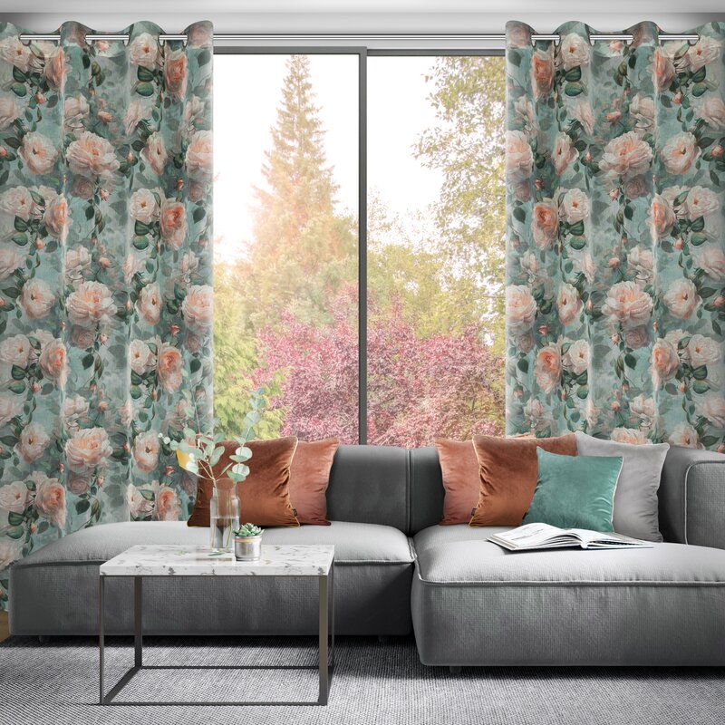 Zasłona gotowa Inka miętowa 140 X 250 cm – z delikatnym wzorem róż