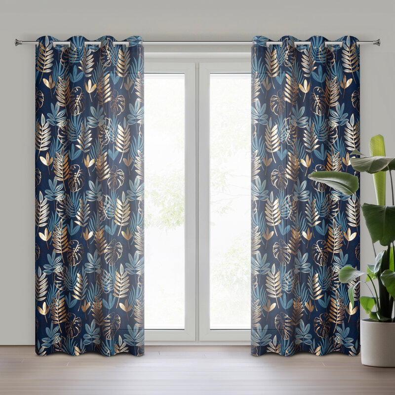 Zasłona gotowa RINA granatowa 140 X 250 cm – z motywem botanicznym