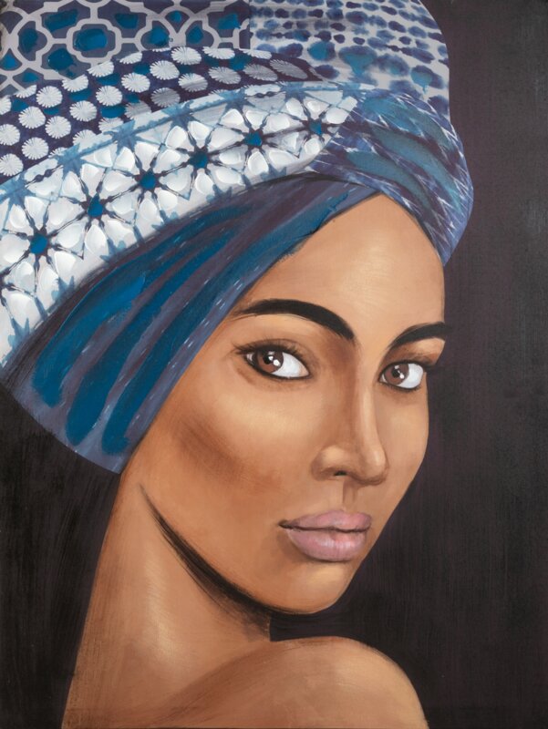 Obraz ręcznie malowany kobieta w turbanie niebieski 60 X 80 cm – doda wnętrzu spokoju