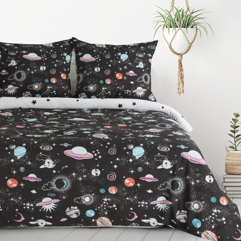 Pościel bawełniana D91 KID 10 czarna 160 X 200 cm – z motywem kosmosu