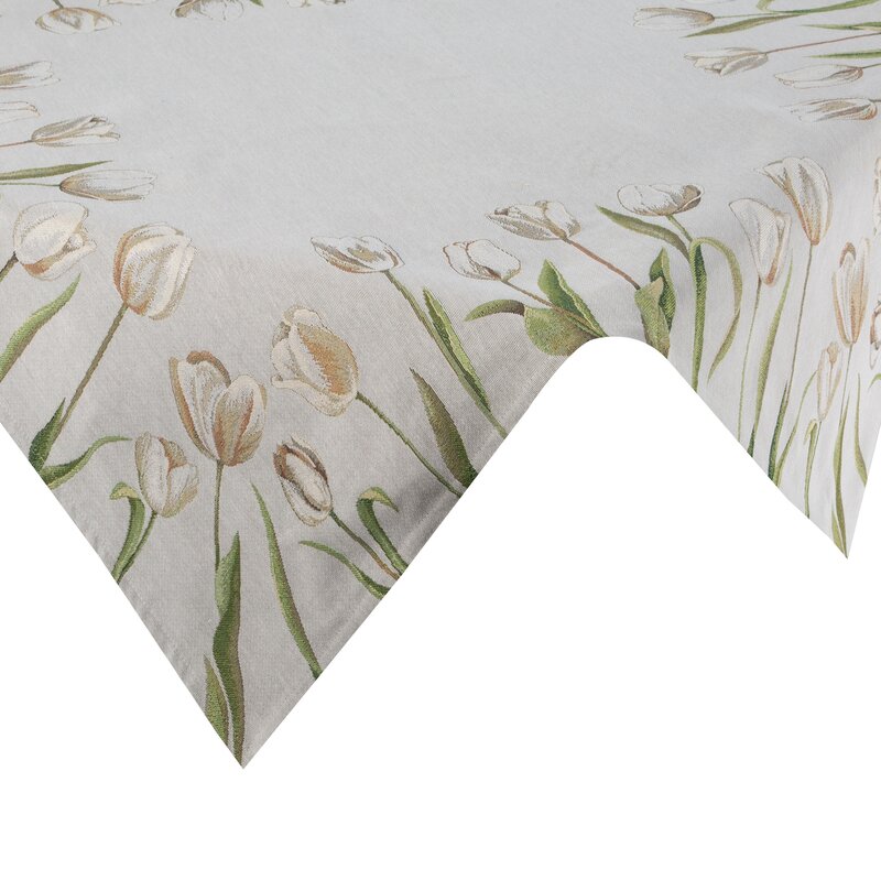 Obrus gobelinowy z tulipanami jasnopopielaty 100x100 cm – wprowadza świeżość