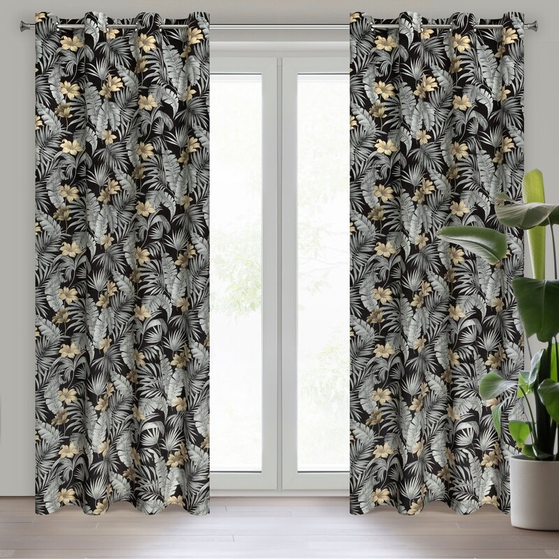 Zasłona welwetowa gotowa Loren czarna 140 X 250 cm – z tropikalnym wzorem
