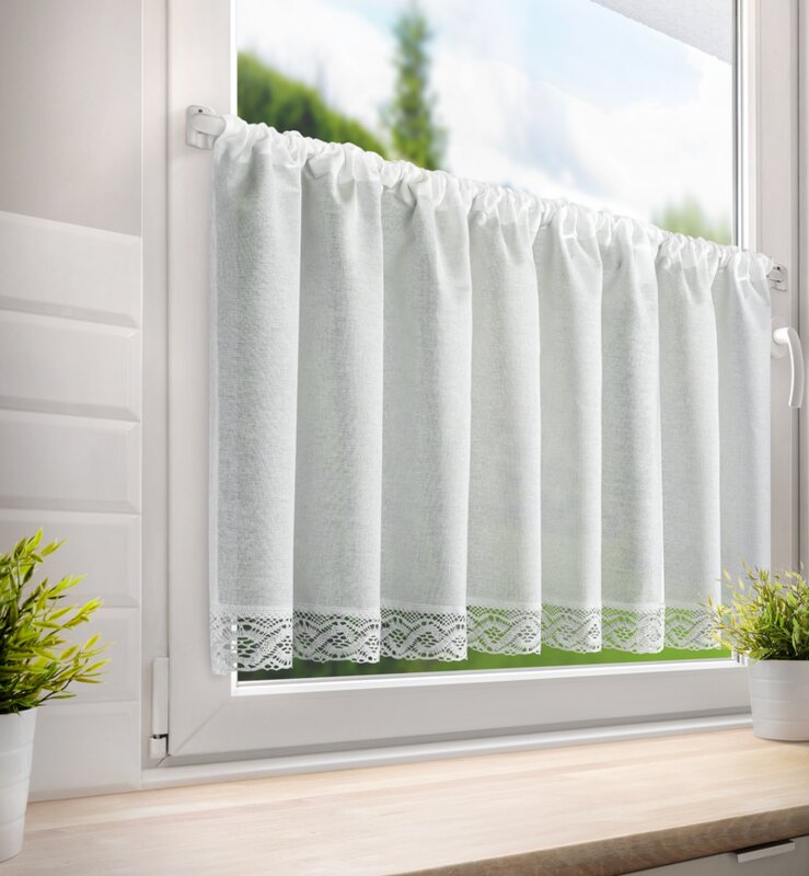 Firana gotowa zazdrostka na taśmie Vince biała 150 X 60 cm – z koronkowym zdobieniem