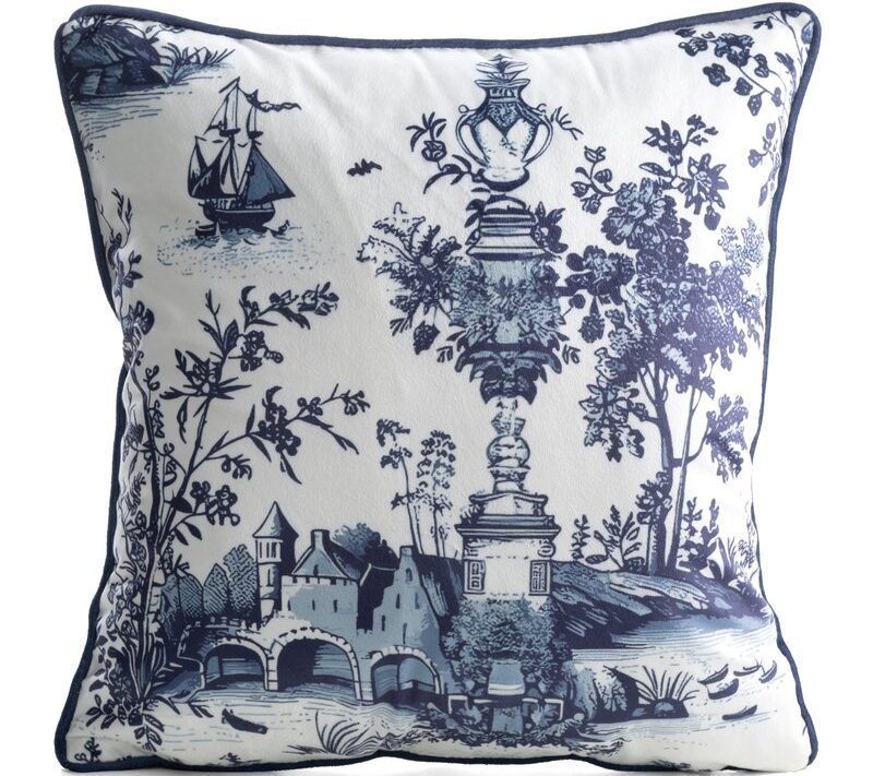 Poszewka na poduszkę Toile de Jouy błękitno-biała 45X45 – miękka welwetowa