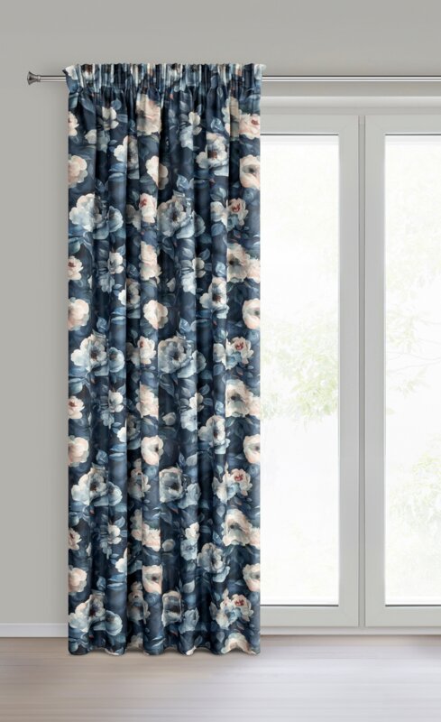 Zasłona gotowa na taśmie Kira granatowa 140 X 270 cm – z kwiatowym wzorem
