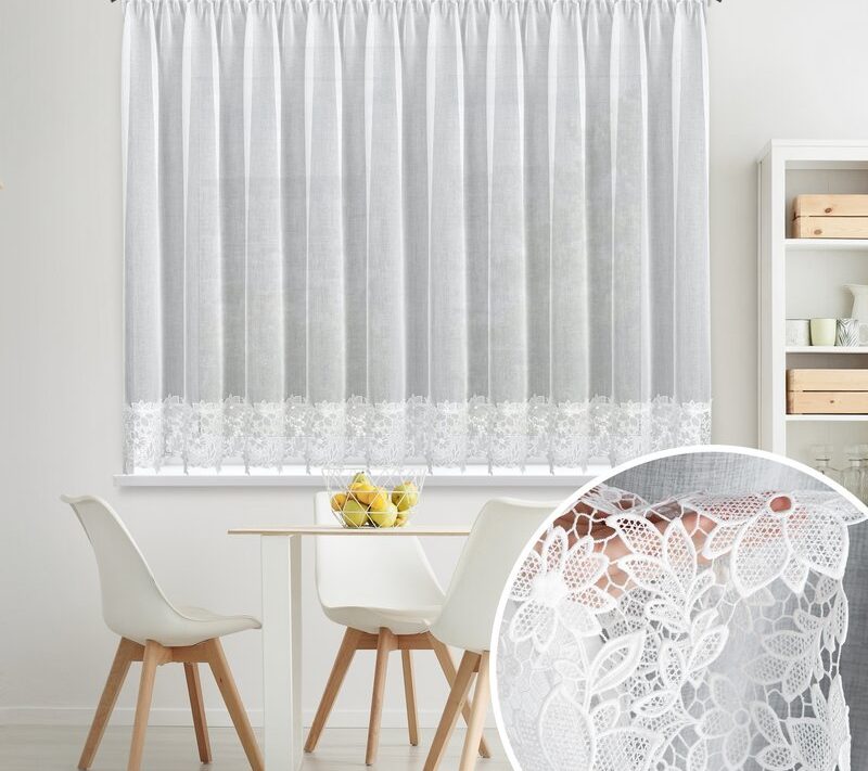 Firana gotowa Artemida na taśmie biała 350 X 155 CM – z ozdobną obszywką