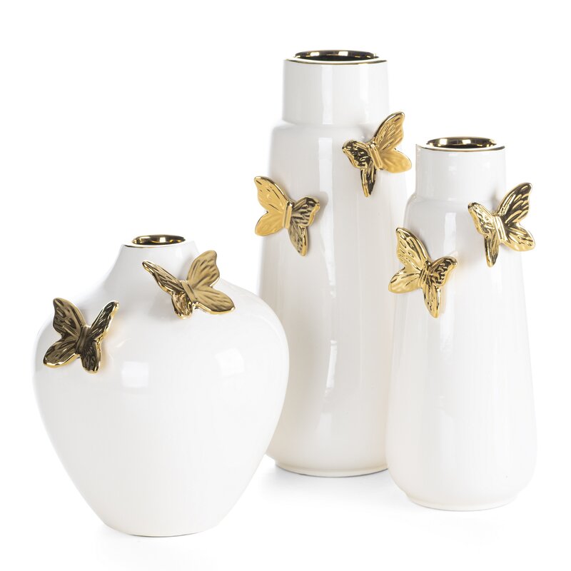 Wazon ceramiczny Astrid kremowy 18 X 17 X 20 CM – ze złotymi motylami