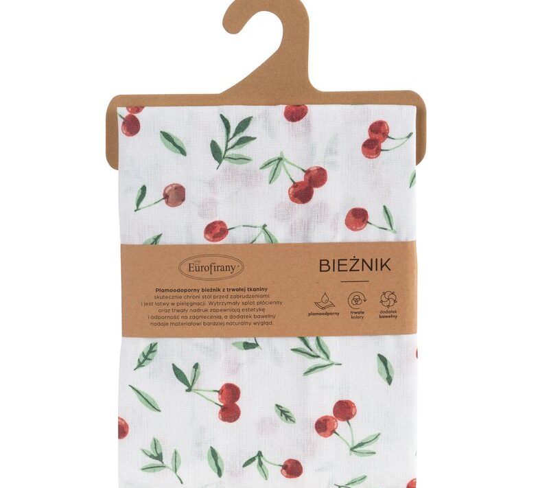 Obrus Cherry biały 40 X 140 CM – plamoodporny wzór wiśni
