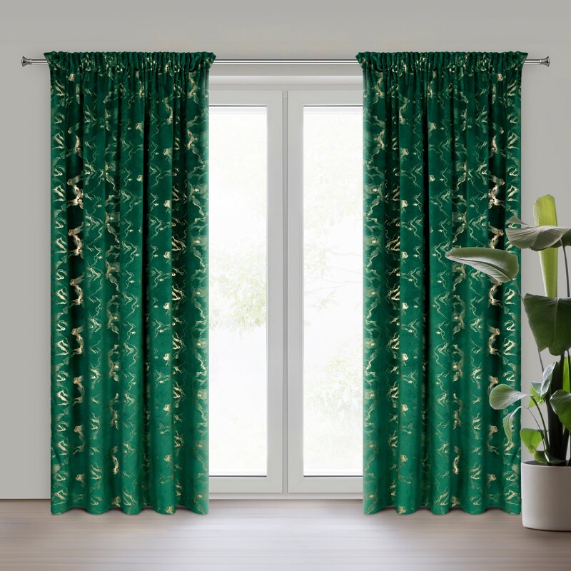 Zasłona gotowa Raja ciemnozielona 140 X 270 CM – ze złotym nadrukiem
