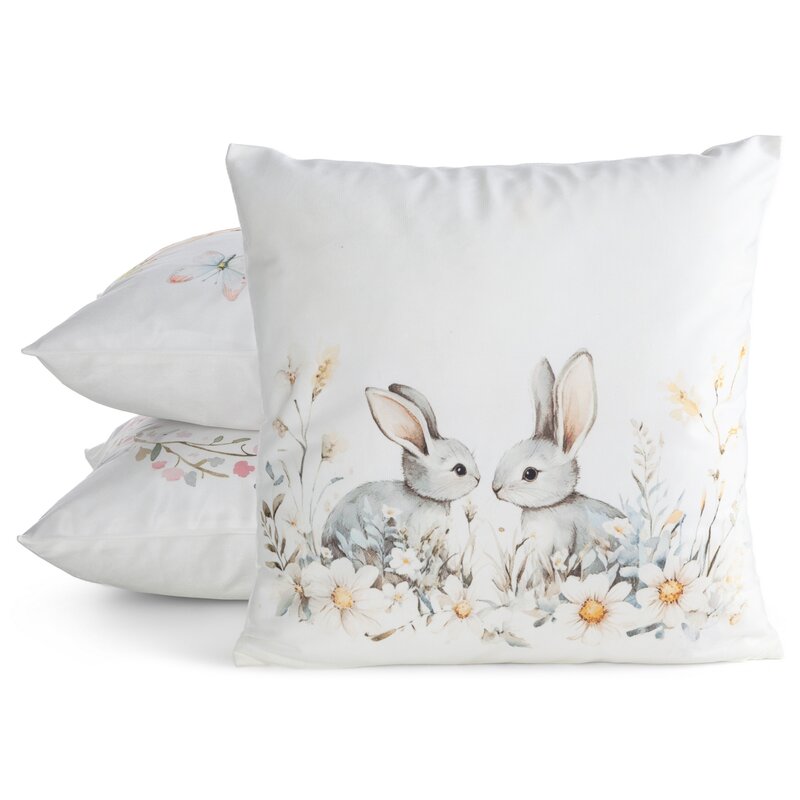 Poszewka Wiosna 125 biała 45 X 45 cm – z wzorem królików i kwiatów