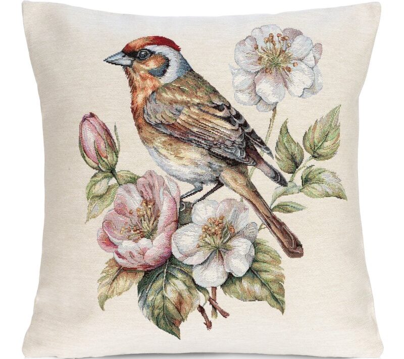 Poszewka gobelinowa Ptaki i Kwiaty naturalna 45X45 – naturalny urok