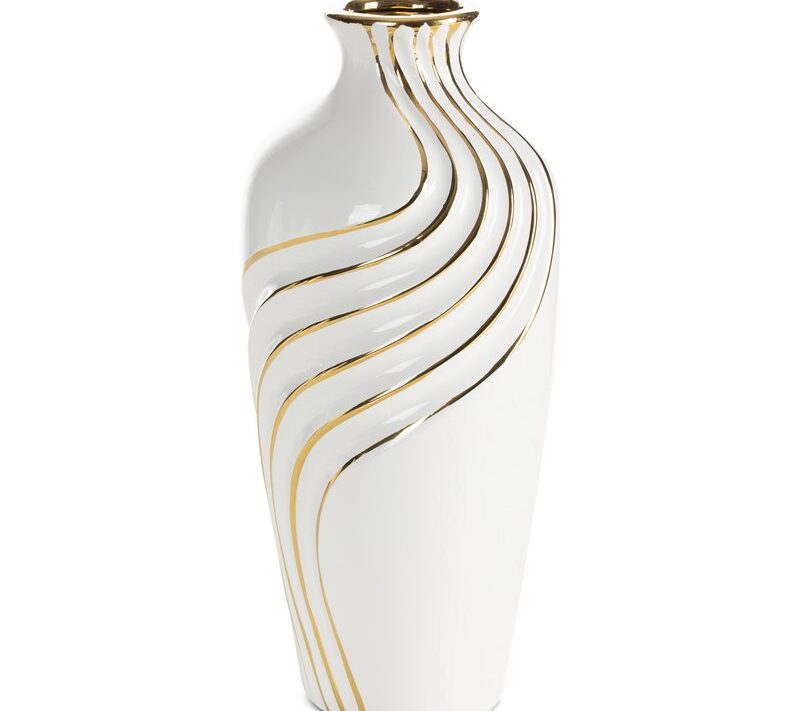 Wazon ceramiczny Estela (03) biały 15 X 15 X 33 CM – ze złotymi zdobieniami
