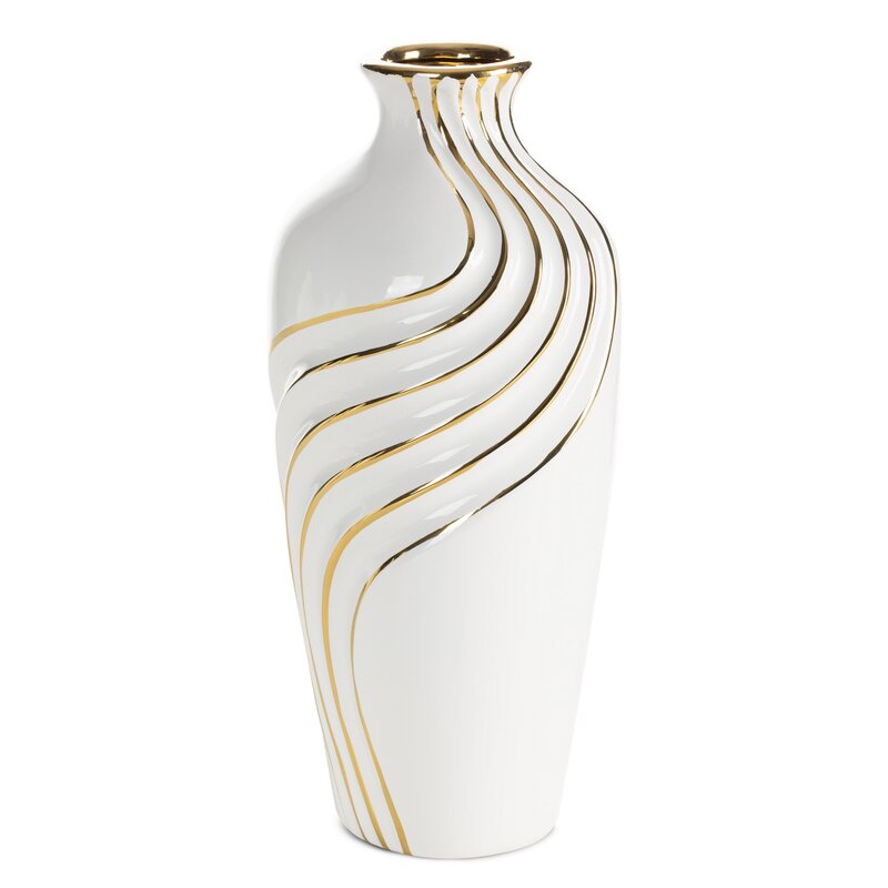 Wazon ceramiczny Estela (03) biały 15 X 15 X 33 CM – ze złotymi zdobieniami