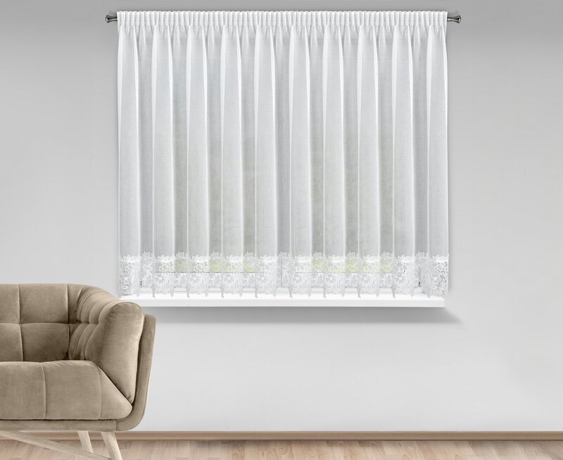 Firana gotowa Artemida na taśmie biała 350 X 155 CM – z ozdobną obszywką