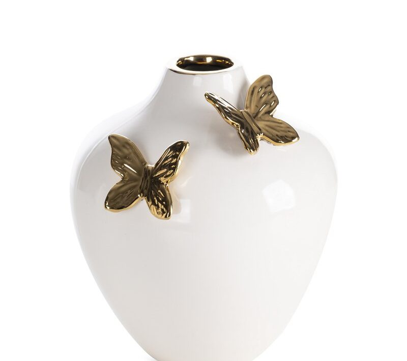 Wazon ceramiczny Astrid kremowy 18 X 17 X 20 CM – ze złotymi motylami