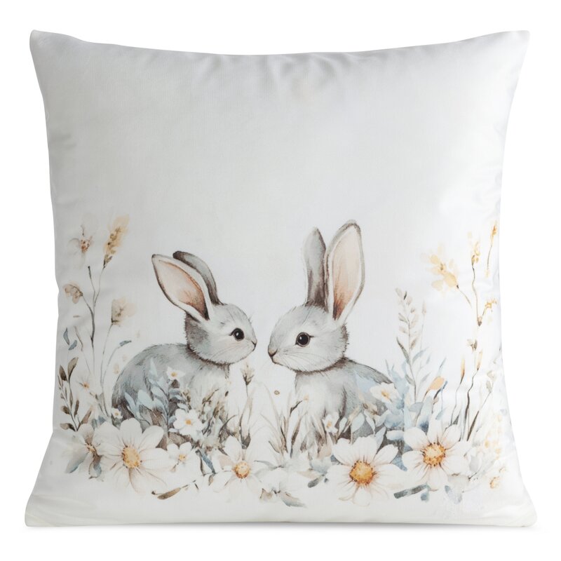 Poszewka Wiosna 125 biała 45 X 45 cm – z wzorem królików i kwiatów
