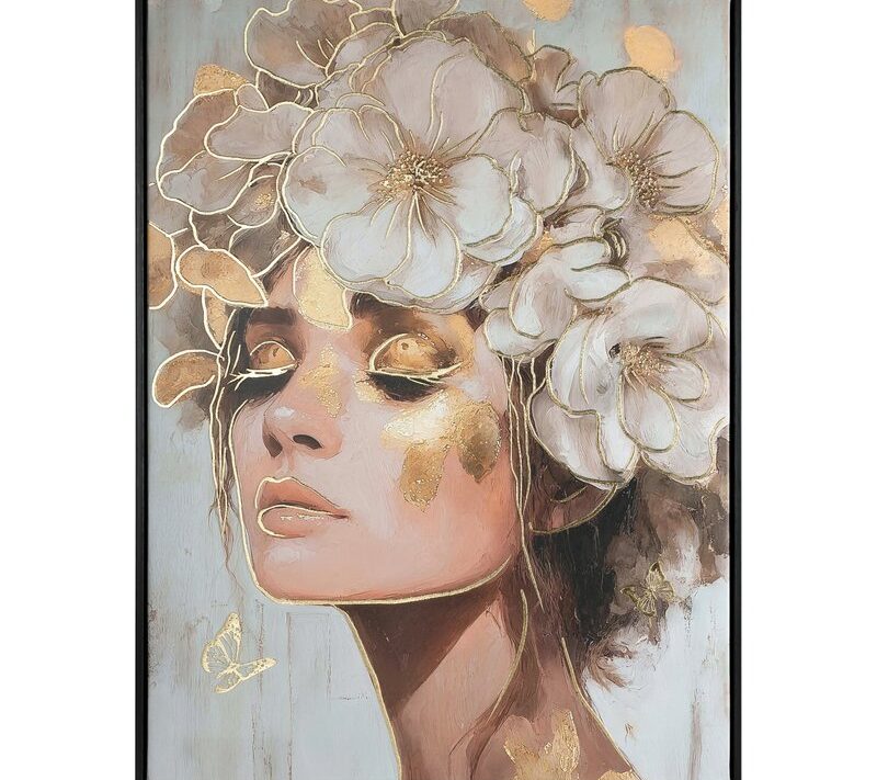 Obraz ręcznie malowany Kobieta w Kwiatach beżowy 60 X 80 cm – Wnosi spokój i styl