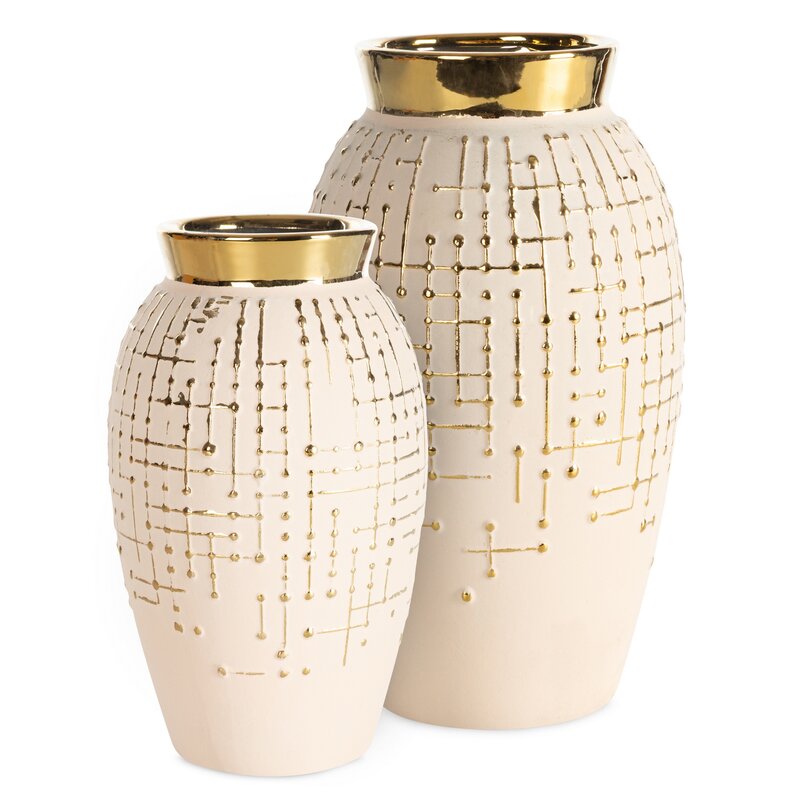 Wazon ceramiczny Kena 01 kremowy O 15 X 25 CM – ze złotymi zdobieniami