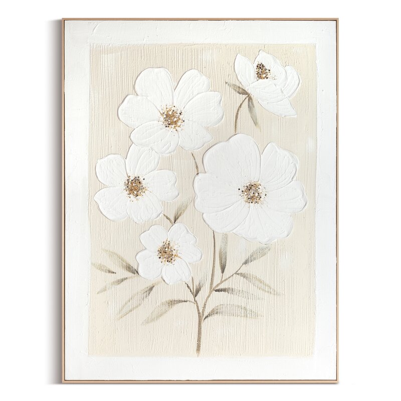 Obraz ręcznie malowany kwiaty kremowy 92 X 122 CM – spokój i elegancja