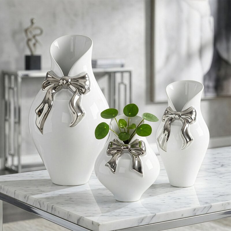 Wazon ceramiczny Akira biały O 16 x 29 cm – z ozdobną kokardą