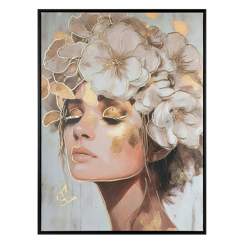 Obraz ręcznie malowany Portret Kobiety z Kwiatami beżowy 60 X 80 cm – dodaje wnętrzu głębi
