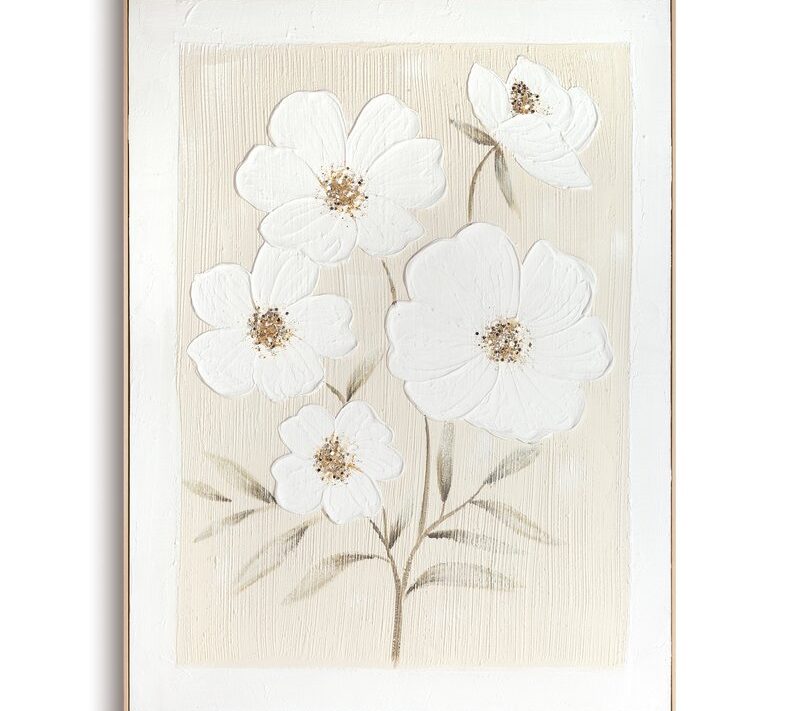 Obraz ręcznie malowany kwiaty kremowy 92 X 122 CM – spokój i elegancja
