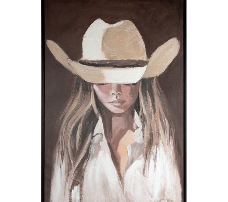 Obraz ręcznie malowany Portret kobiety w kapeluszu brązowy 80 X 120 cm – wnosi ciepły nastrój