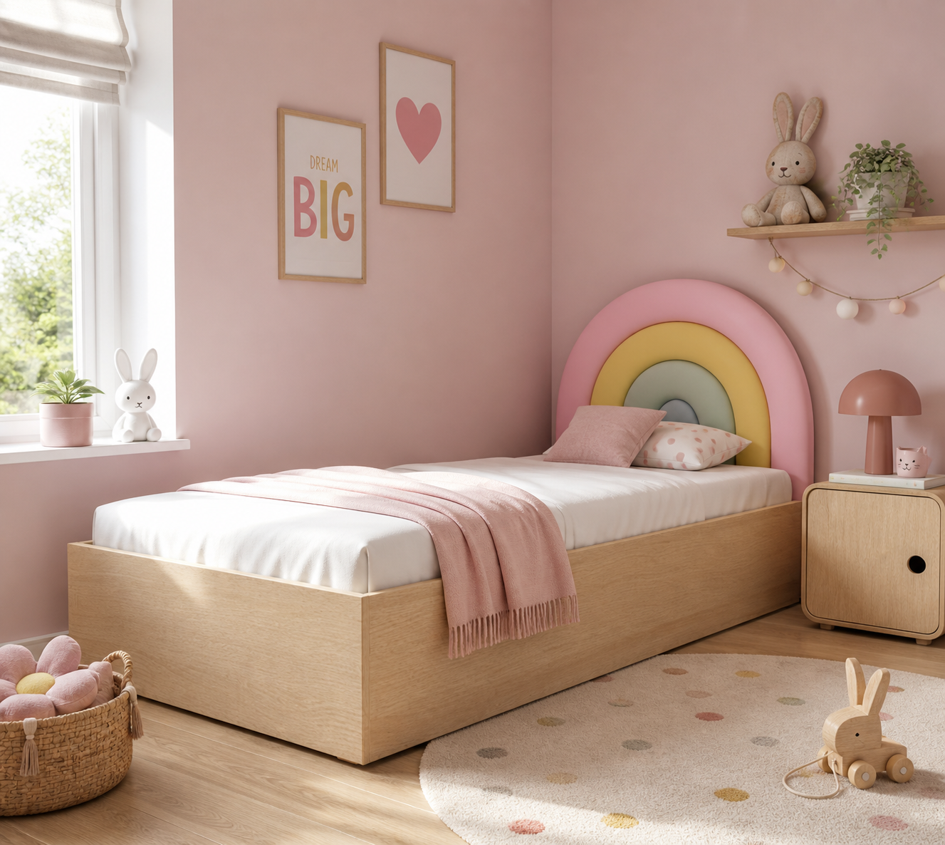 Łóżko Dziecięce Rainbow Tęcza Box Basic – Pastelowy Zagłówek Tęcza z Pojemną Skrzynią
