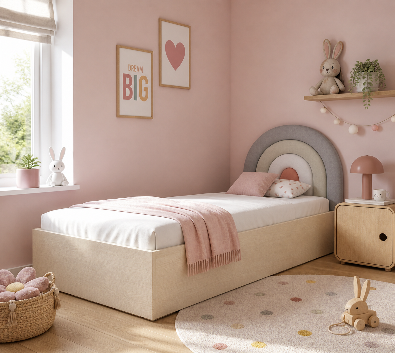 Łóżko Dziecięce Rainbow Tęcza Box Basic – Pastelowy Zagłówek Tęcza z Pojemną Skrzynią