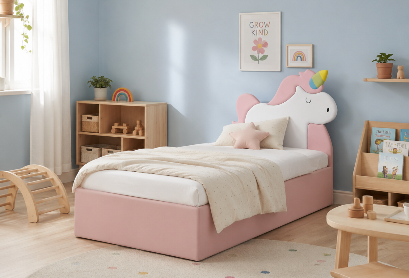 Łóżko Dziecięce Unicorn Box Texti - Tapicerowane Łóżko Z Pojemnikiem I Motywem Jednorożca