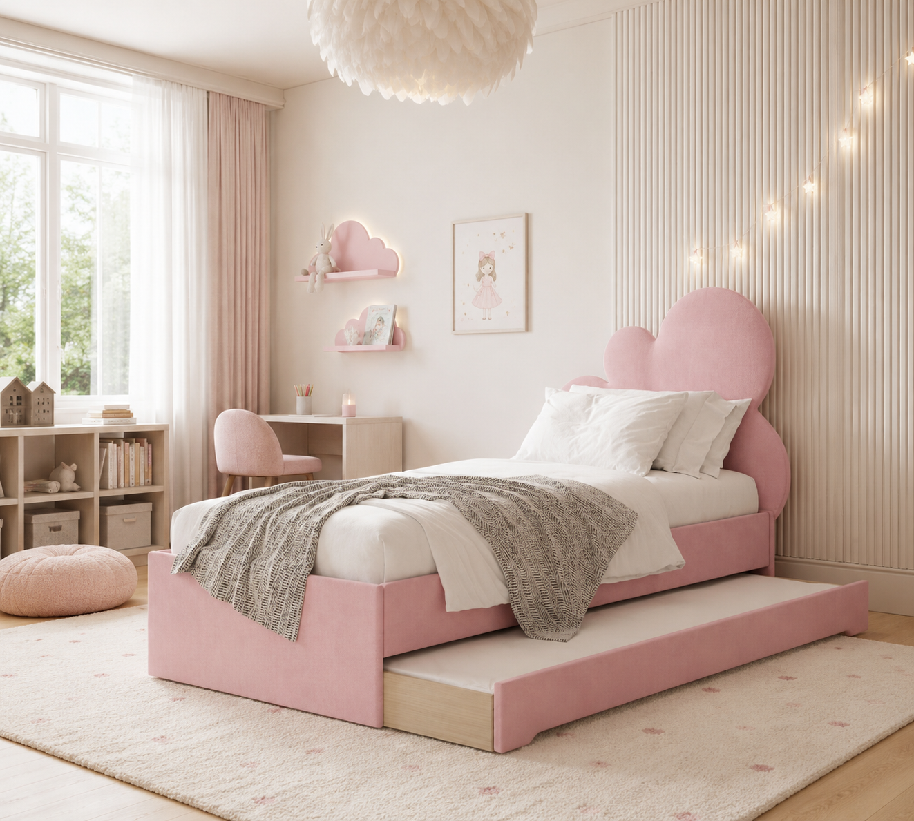 Łóżko Dziecięce Double Bed Chmurka - Podwójne Łóżko Tapicerowane Z Wysuwaną Szufladą Spania