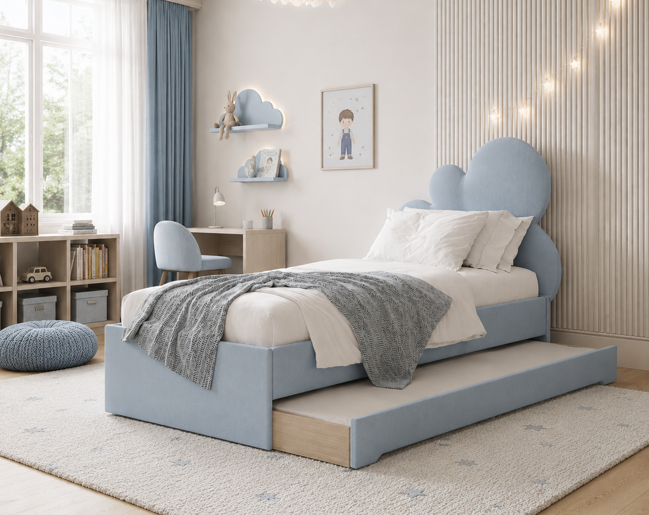 Łóżko Dziecięce Double Bed Chmurka - Podwójne Łóżko Tapicerowane Z Wysuwaną Szufladą Spania