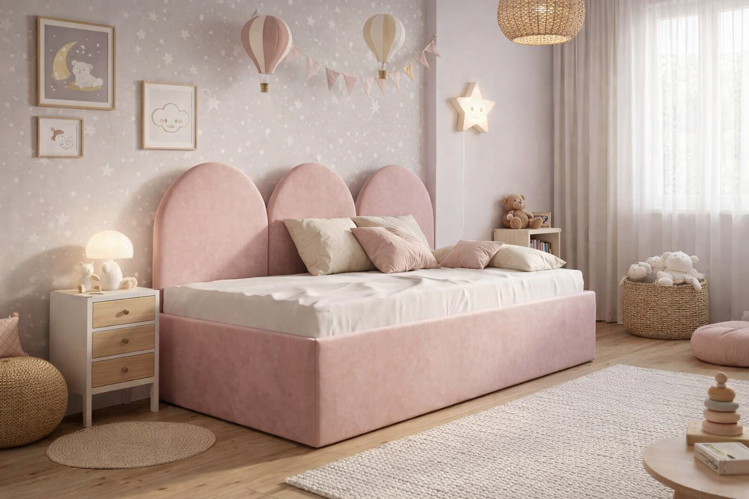 Młodzieżowe Łóżko Sofa Box Texti - Z Panelami Ściennymi i Pojemną Skrzynią