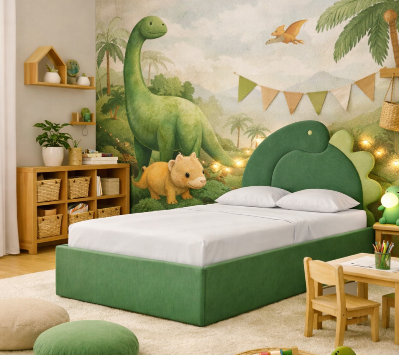 Łóżko Dziecięce Dino Box Texti - Tapicerowane Łóżko Z Pojemnikiem I Motywem Dinozaura