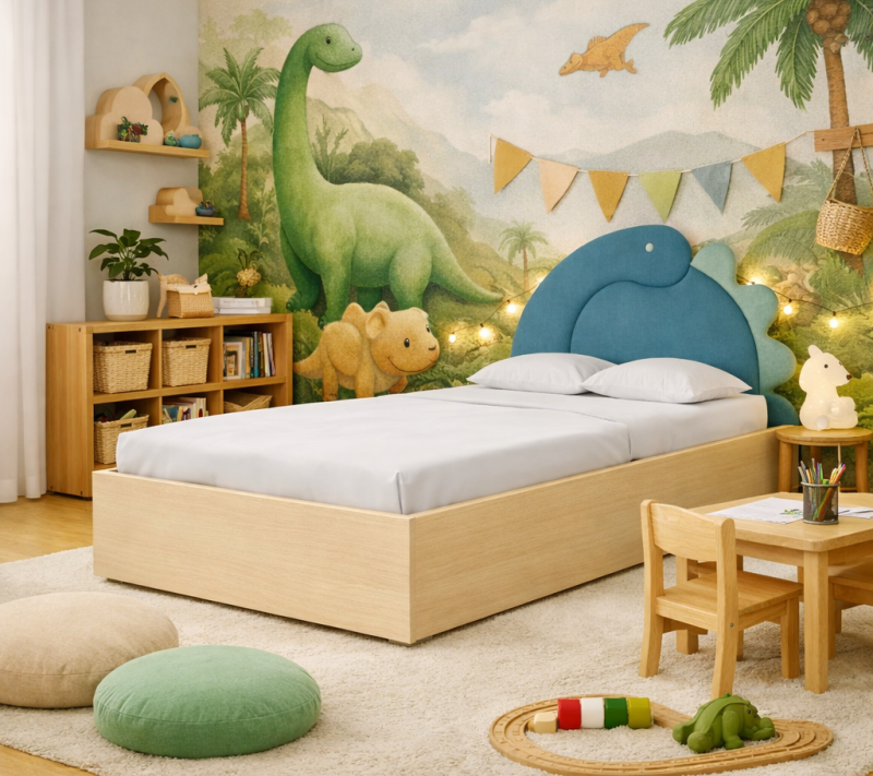 Łóżko Dziecięce Dino Box Basic - Łóżko Z Pojemnikiem I Zagłówkiem W Kształcie Dinozaura