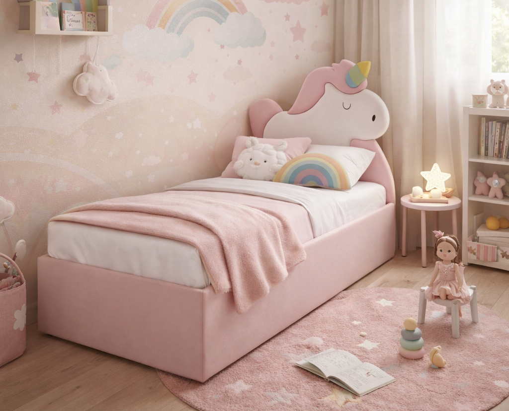 Łóżko Dziecięce Unicorn Box Texti - Tapicerowane Łóżko Z Pojemnikiem I Motywem Jednorożca