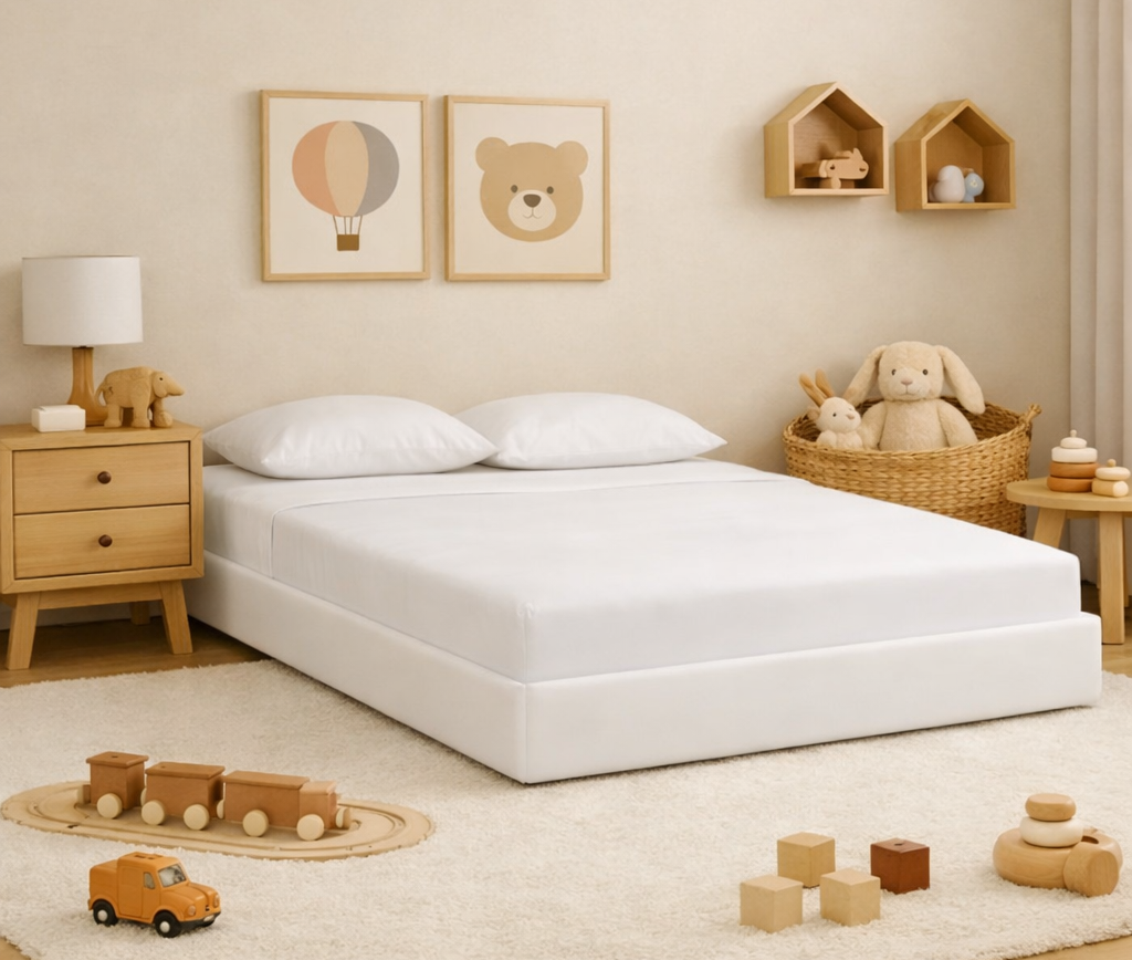Łóżko Dziecięce Sofa Legs Texti - Minimalistyczne Tapicerowane Łóżko Rosnące Przypodłogowe Na Nóżkach